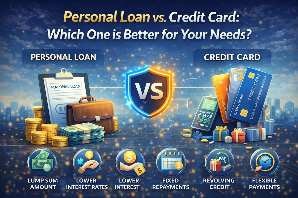 Comparison of personal loan vs credit card showing interest rates, repayment options, and financial usage differences