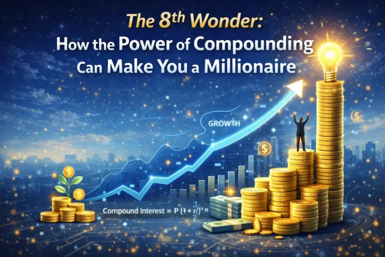 Illustration showing power of compounding with growing coin stacks, upward financial graph, and long-term investment growth
