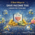 Illustration showing tax saving options under section 80C including EPF, ELSS, PPF, NSC, and life insurance investments