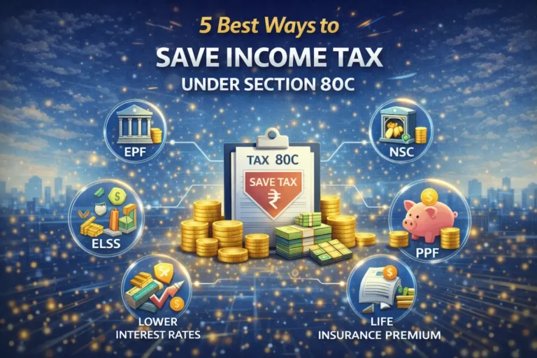 Illustration showing tax saving options under section 80C including EPF, ELSS, PPF, NSC, and life insurance investments