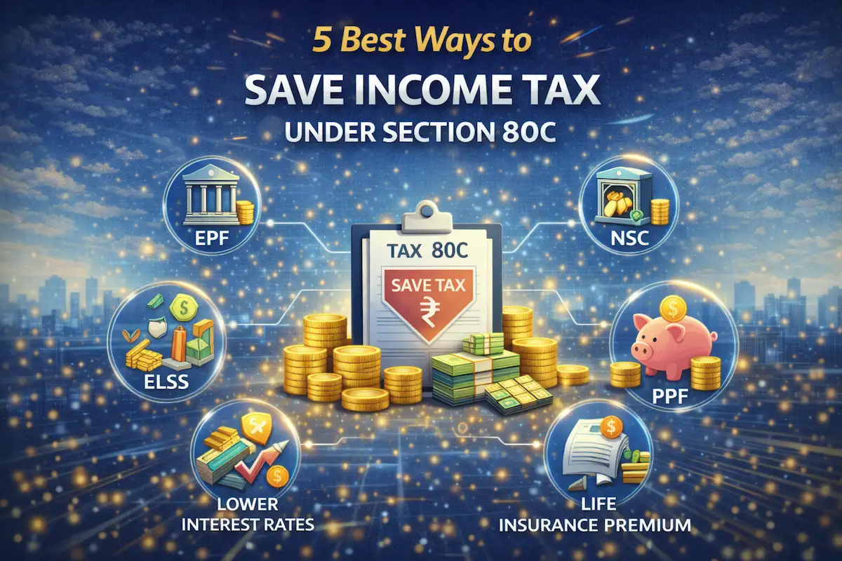 Illustration showing tax saving options under section 80C including EPF, ELSS, PPF, NSC, and life insurance investments