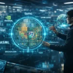 Top semiconductor companies in the world 2026 - Futuristic control room showing global chip manufacturers like NVIDIA, TSMC, and Samsung.