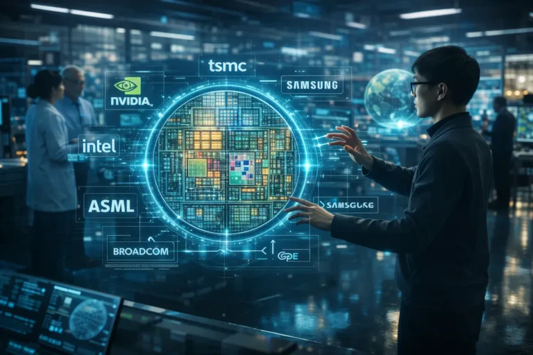 Top semiconductor companies in the world 2026 - Futuristic control room showing global chip manufacturers like NVIDIA, TSMC, and Samsung.