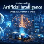Illustration of artificial intelligence showing neural networks, machine learning, data processing, and futuristic AI robot interaction
