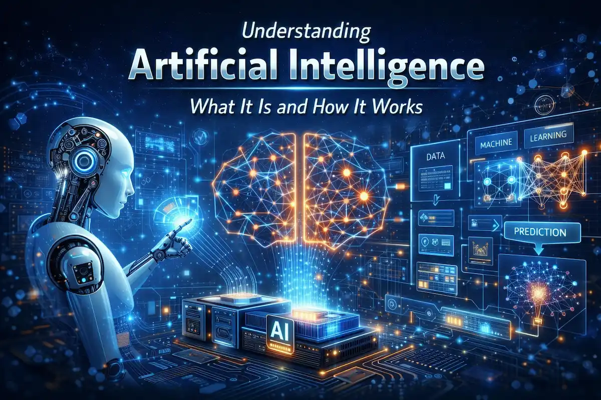 Illustration of artificial intelligence showing neural networks, machine learning, data processing, and futuristic AI robot interaction